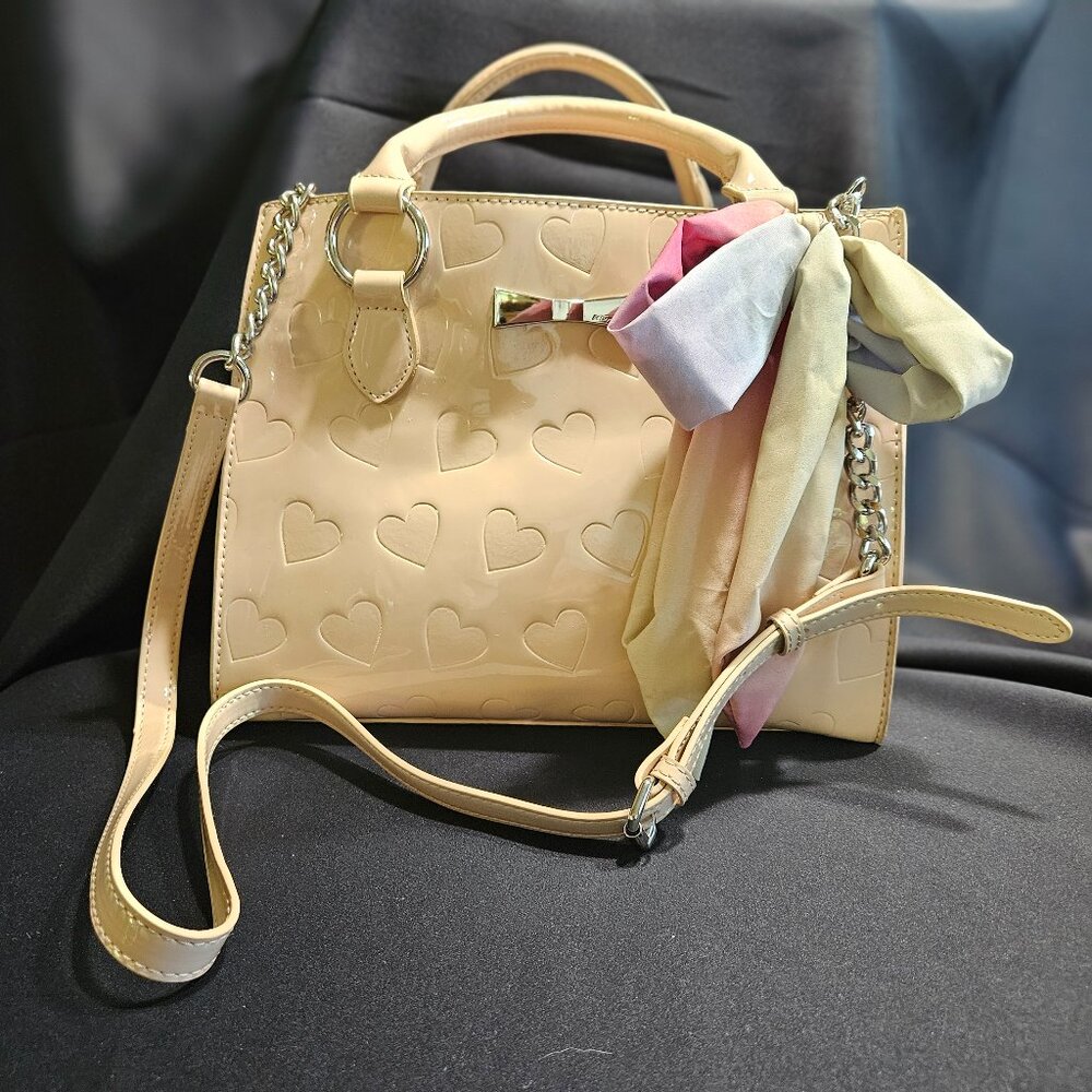 Betsey Johnson Light Pink Heart Debossed Crossbody Handbag Patent with Scarf